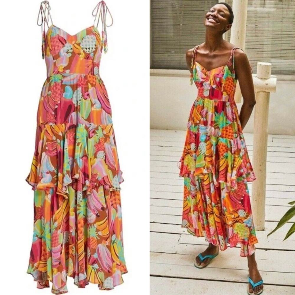 Farm Rio Fruit Salad Ruffle Tiered Maxi Dress
